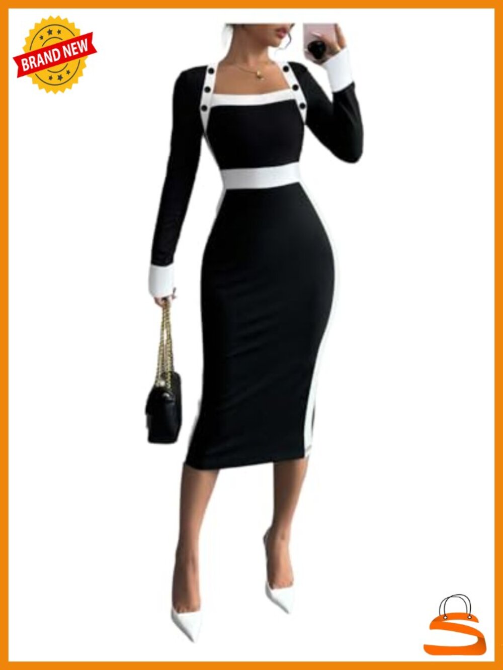 Women's Long Sleeve Bodycon Midi Dress Square Neck Button Front Slim Fit